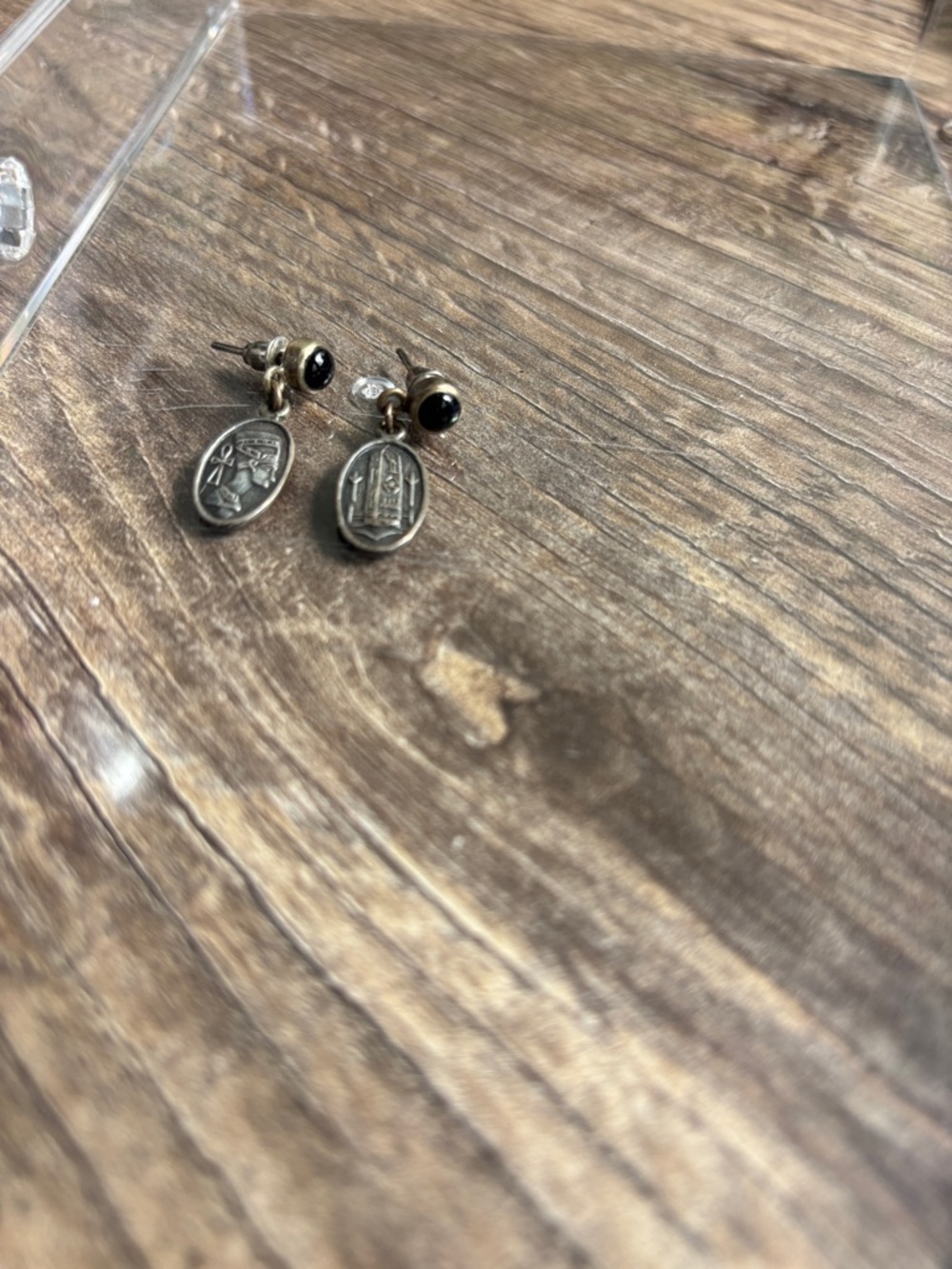 Silver Tone Ancient Egyptian Design Medal Drop Earrings - Black Accent